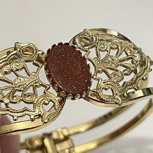 Vintage Metal Gold Filigree Clasp Bracelet with shimmer brown  stone